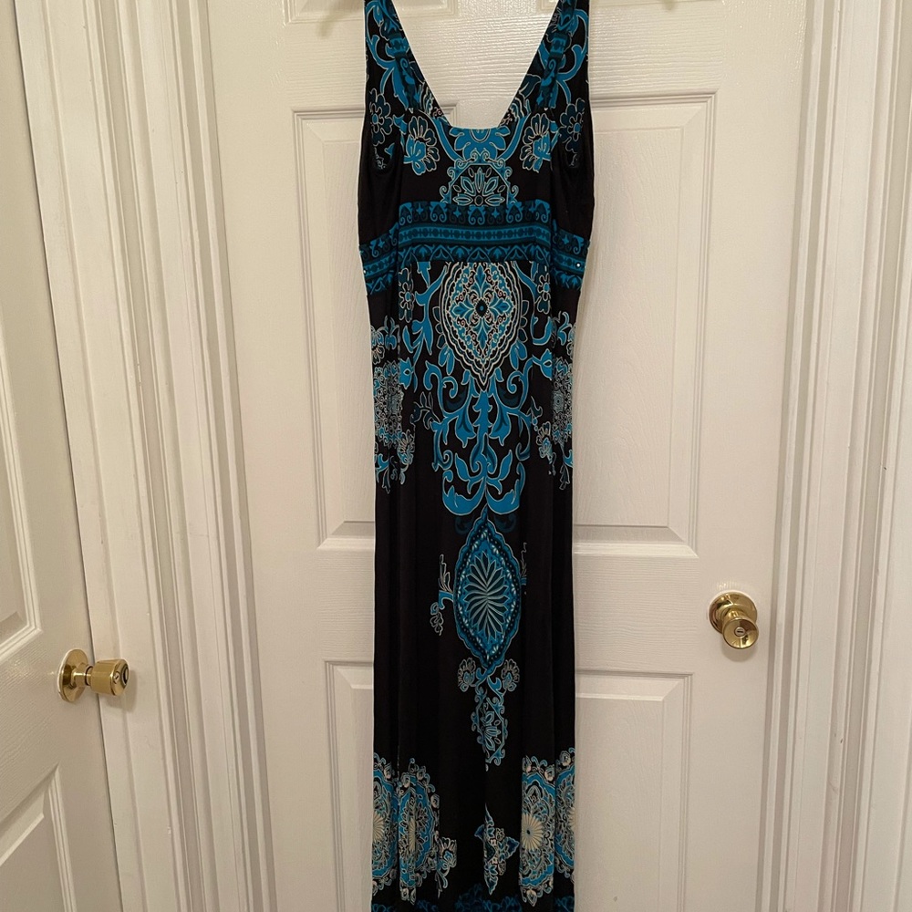 Blue & black long paisley/mandala-print dress